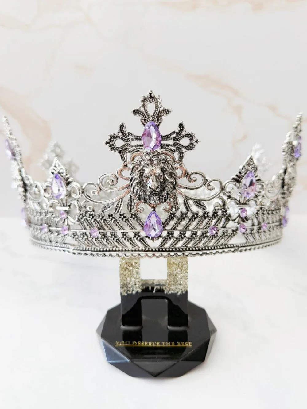 Silver Lion King Crown Purple Crystal Cross Medieval Royal Cosplay Wedding Prom